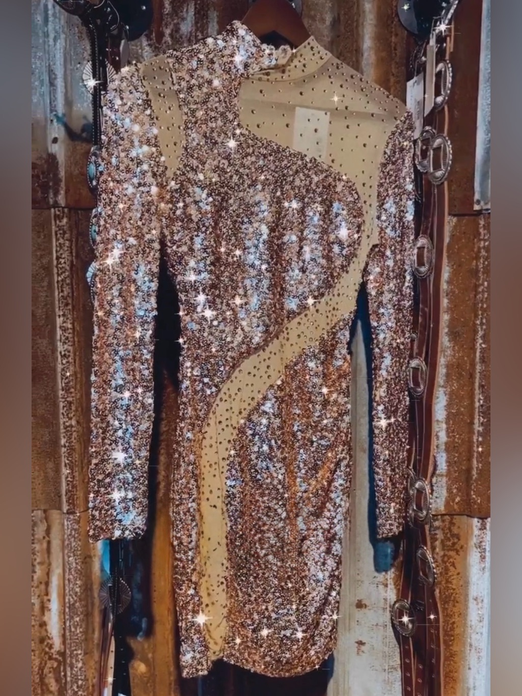 Rose Gold Sequin Bodycon Dress With Nude Illusion Mesh Panel